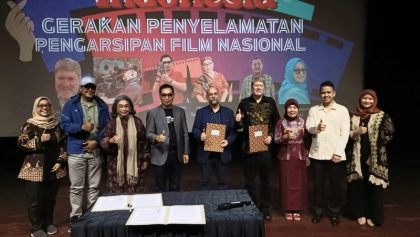Penandatanganan nota kesepahaman Gerakan Penyelamatan Pengarsipan Film Nasional di Gedung Pusat Perfilman H. Usmar Ismail, Jakarta, Kamis (16/4/2026). (Foto - Muller)